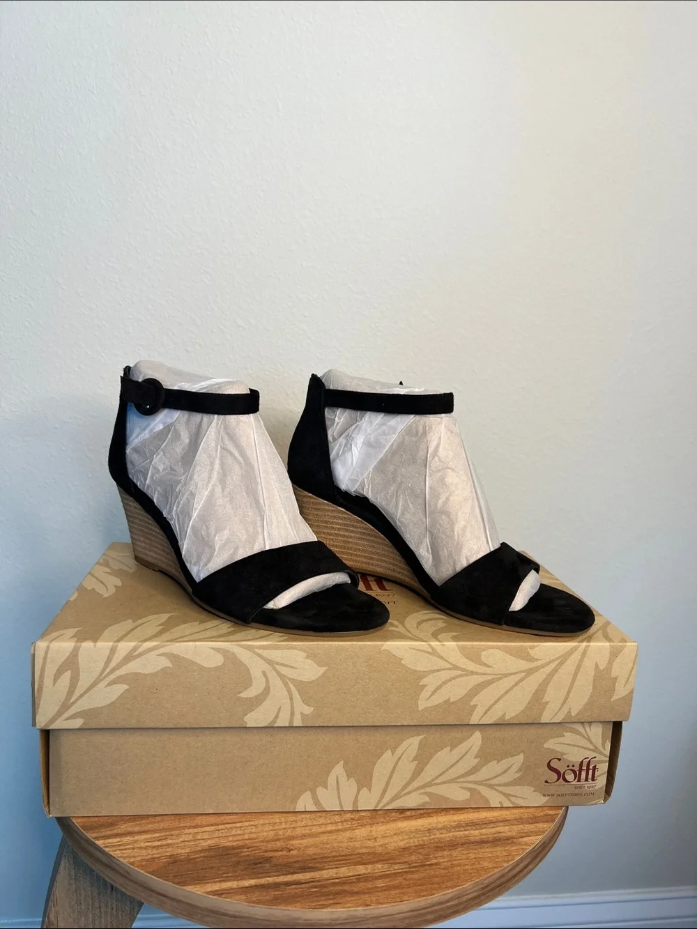 Sofft Black Suede Ankle-Strap Wedge Sandals